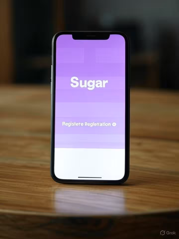 Modern smartphone displaying sugar dating app registration screen with elegant purple and white inte