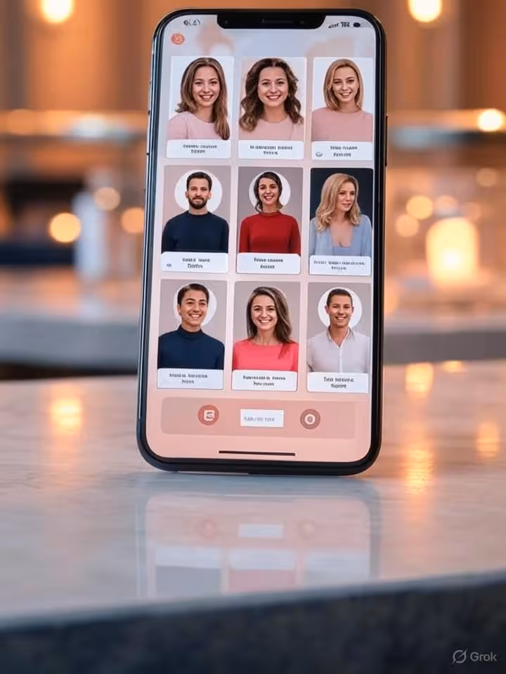 Modern smartphone displaying upscale dating app interface with elegant profile cards, soft luxury ae