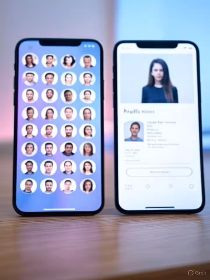 Modern dating app interface comparison showing two smartphone screens side by side, one displaying a