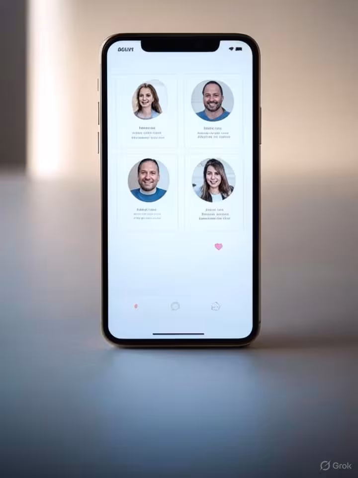 Modern smartphone displaying a clean dating app interface with profile cards and matching features,