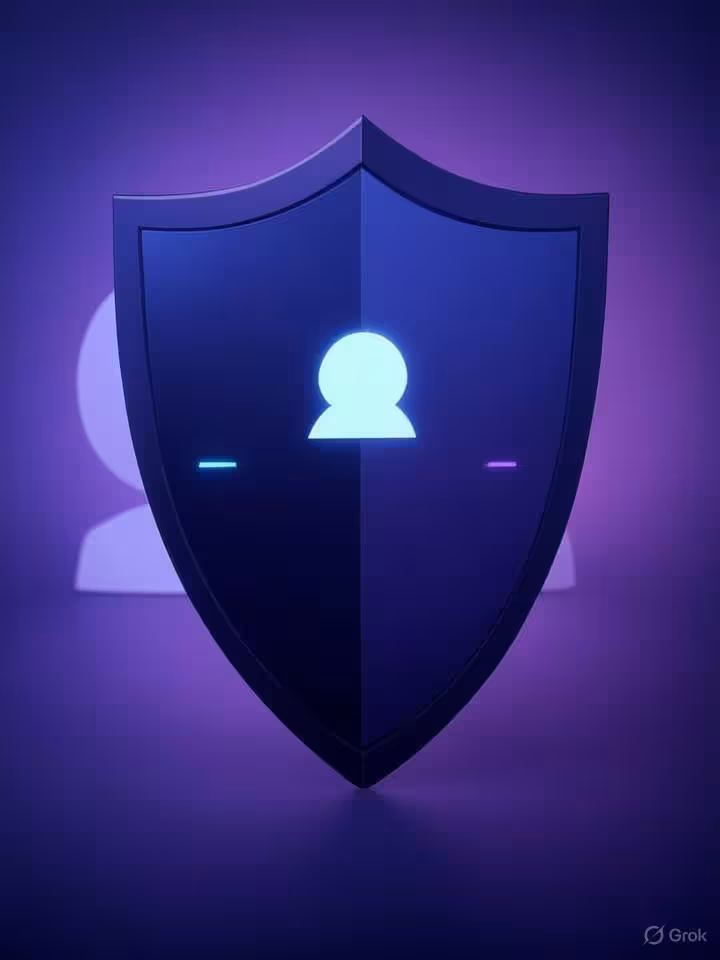 Professional cybersecurity concept illustration showing abstract digital shield protecting user prof