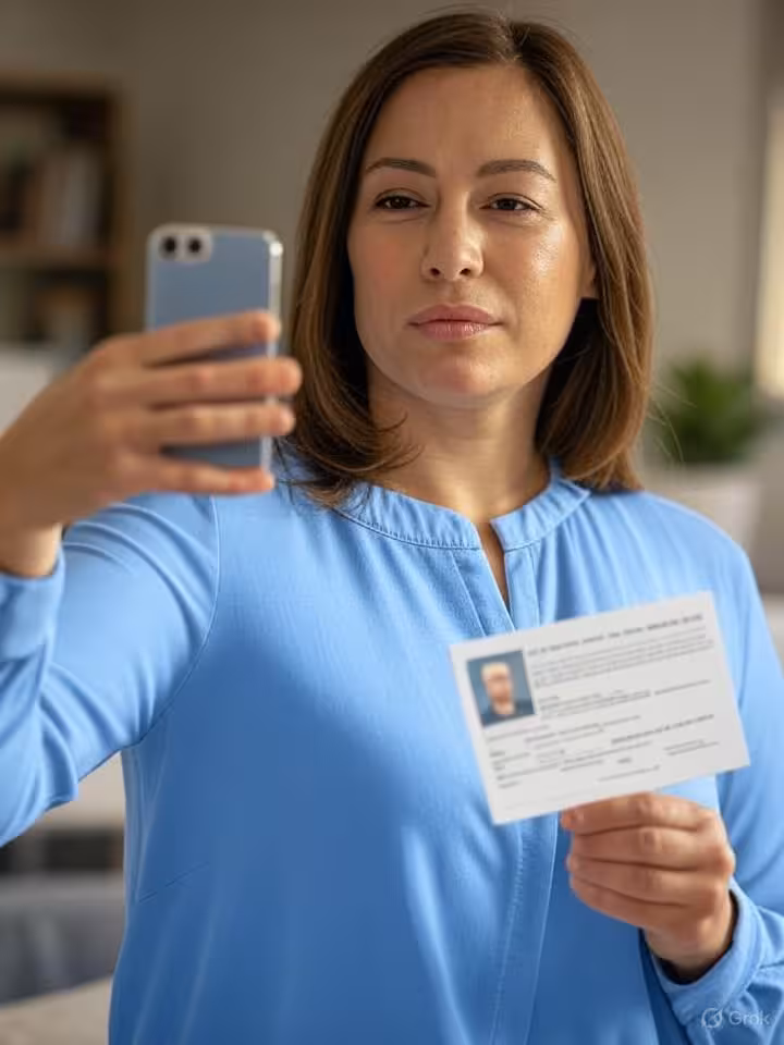 Professional woman taking verification selfie with smartphone, holding government ID document partia