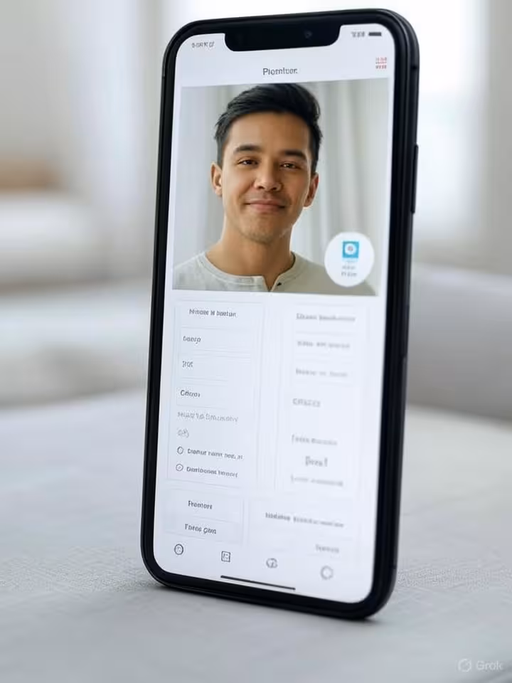 Smartphone screen displaying dating app profile page with photo gallery layout, detailed information