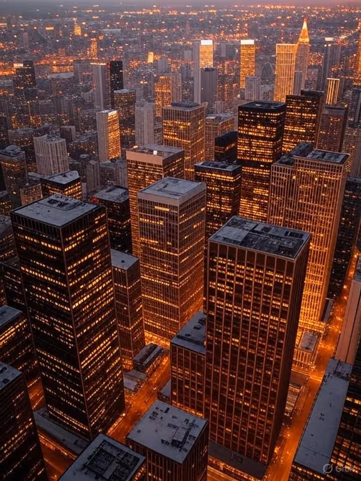 Professional cityscape view of major metropolitan area with skyscrapers at dusk, representing urban