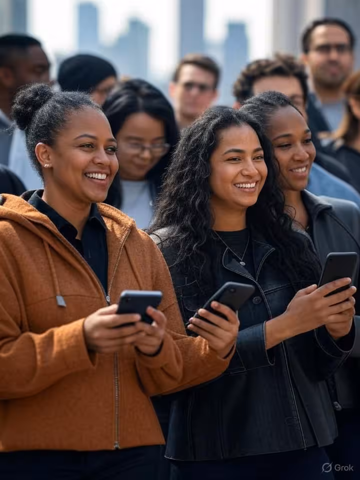 Diverse group of people in upscale urban setting using smartphones for social connection, candid lif