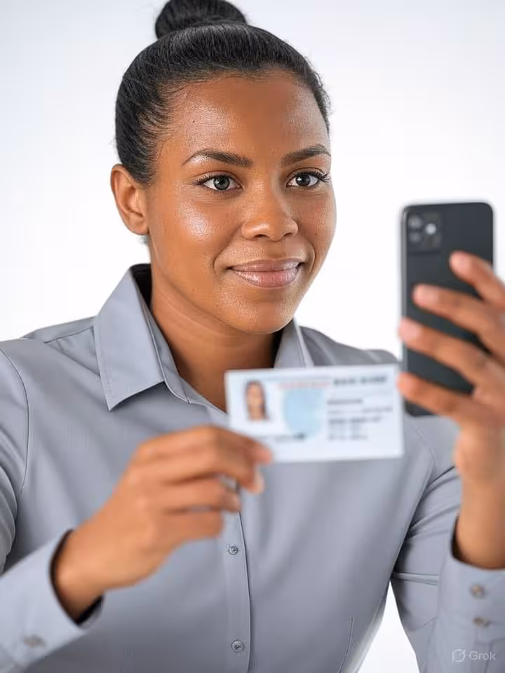 Professional woman taking verification selfie with smartphone, holding government ID card partially