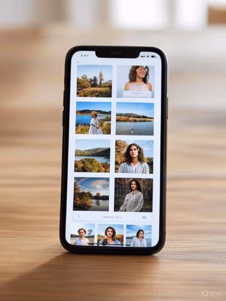 Smartphone screen showing photo gallery upload interface with lifestyle images, private and public a