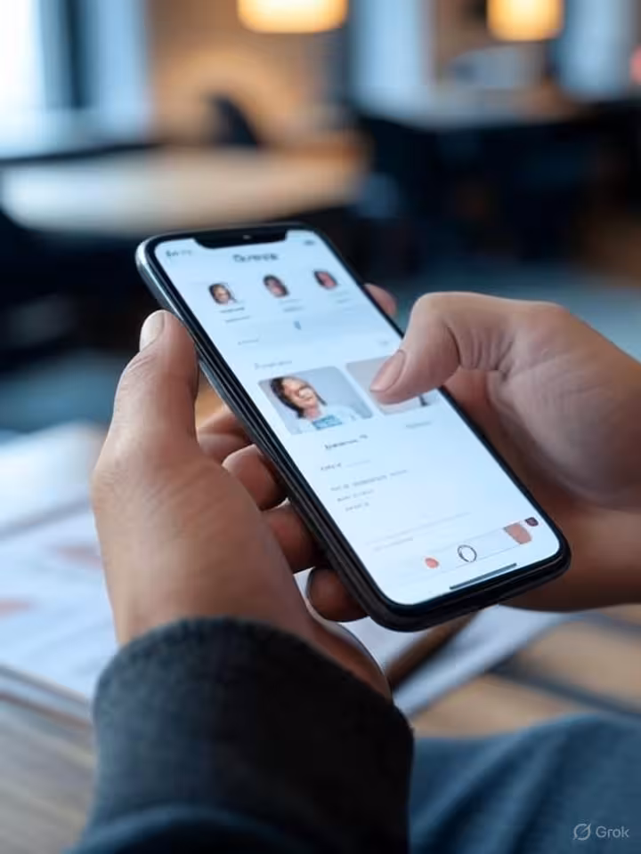 Close-up of hands holding smartphone displaying dating app matching interface with profile cards and