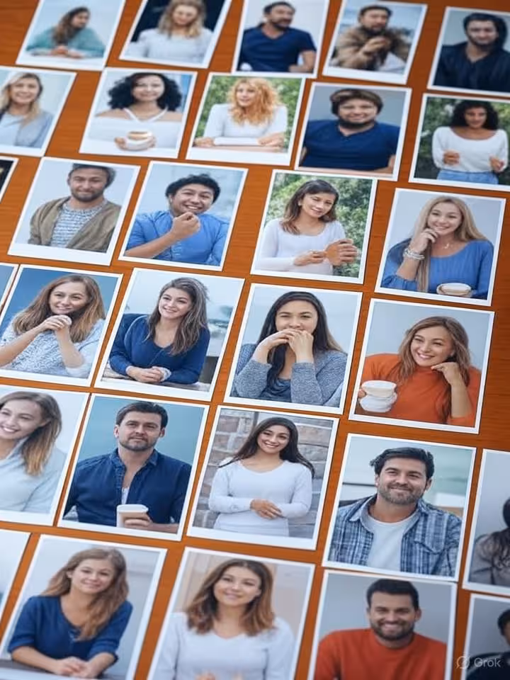 Diverse collection of high-quality dating profile photos laid out on clean surface, showing variety