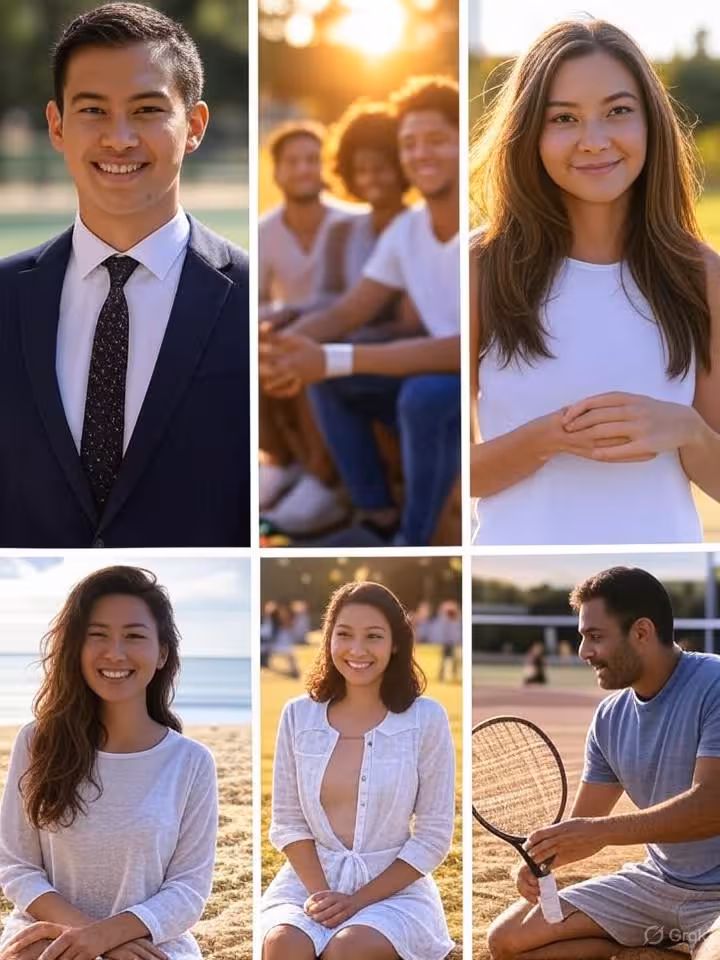 Lifestyle photo grid showing diverse high-quality dating profile pictures, elegant composition with