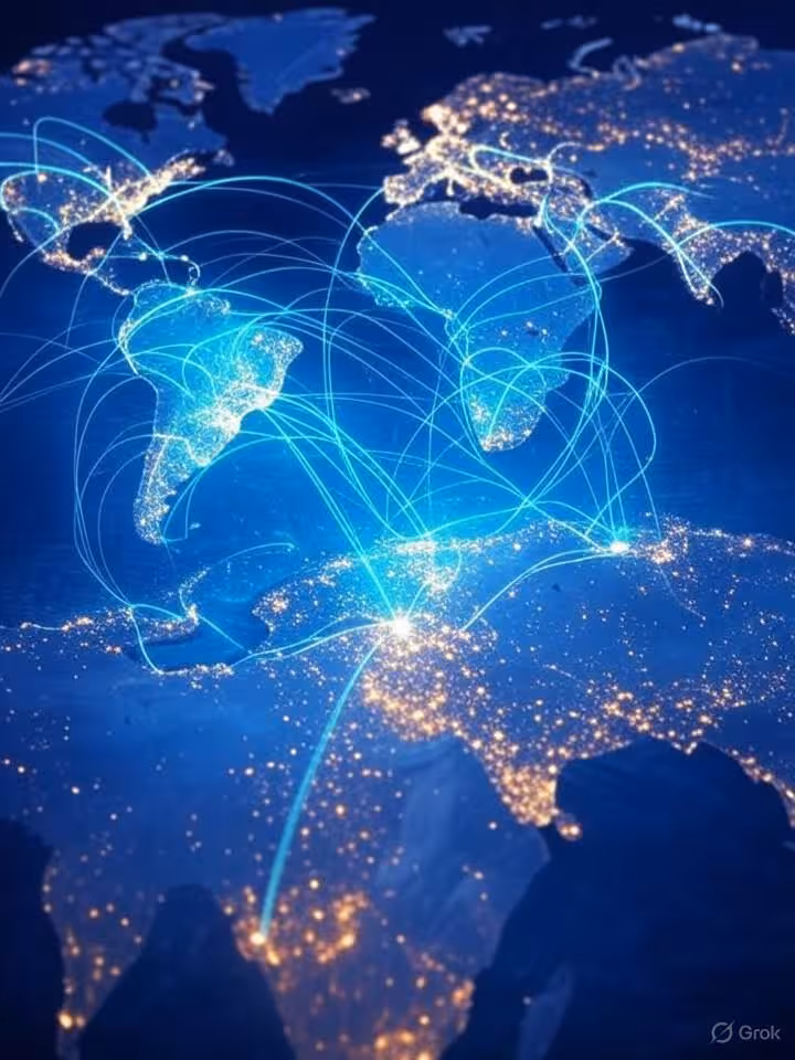 International connectivity visualization: world map with glowing connection points between major cit