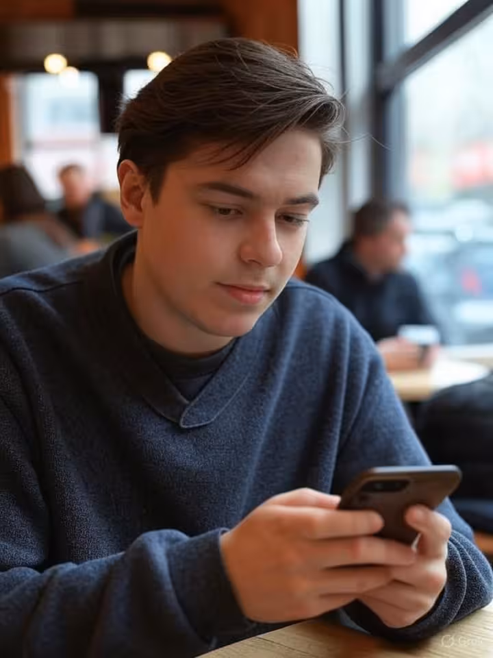 Person using smartphone for profile customization in coffee shop setting, lifestyle photography show