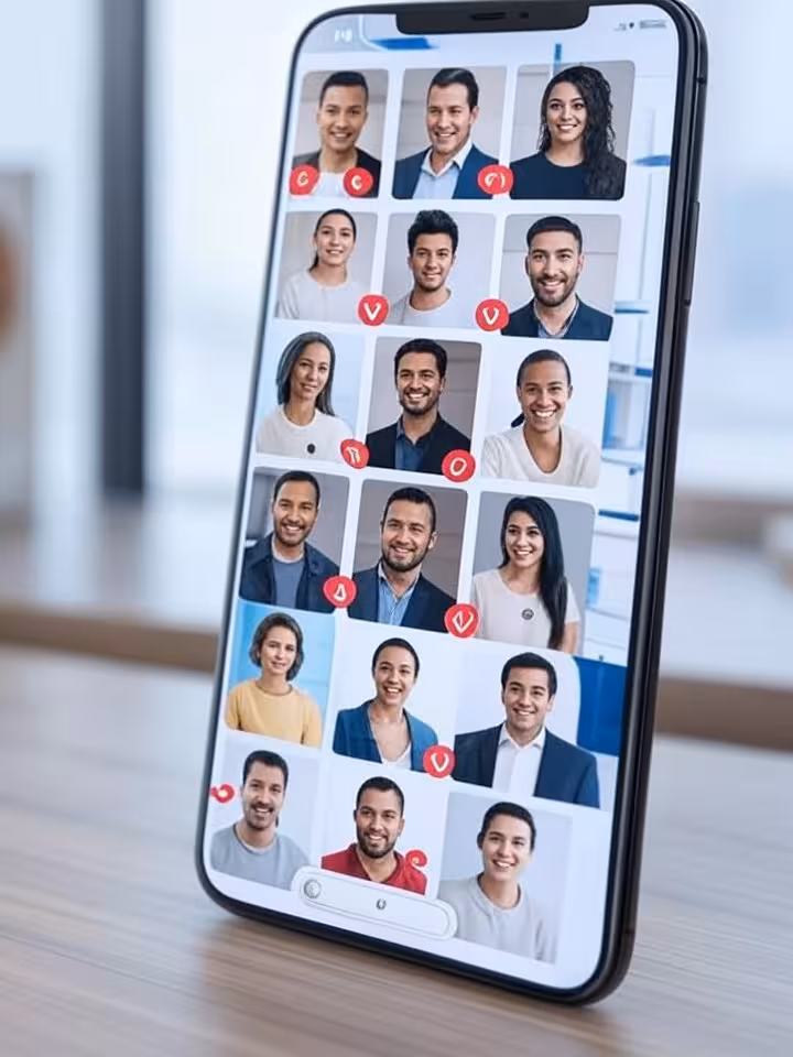 Professional digital security concept showing a smartphone screen with dating app profiles, some mar