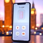 SugarDaddyUK Review: The Leading Platform for British Sugar Dating in 2026 Modern smartphone displaying sugar dating app interface with British landmarks visible in blurred ba