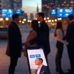 Exploring Specialized Sugar Dating Platforms: A Comparative Review Modern European cityscape at dusk with smartphone displaying dating app interface, elegant couples i