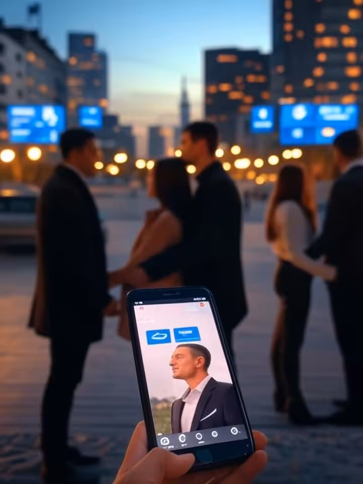 Modern European cityscape at dusk with smartphone displaying dating app interface, elegant couples i