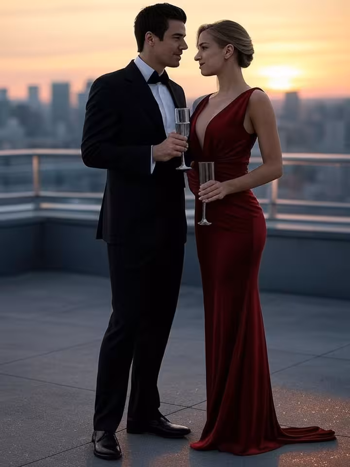 Sophisticated couple at exclusive rooftop event with city skyline background, champagne glasses, ele
