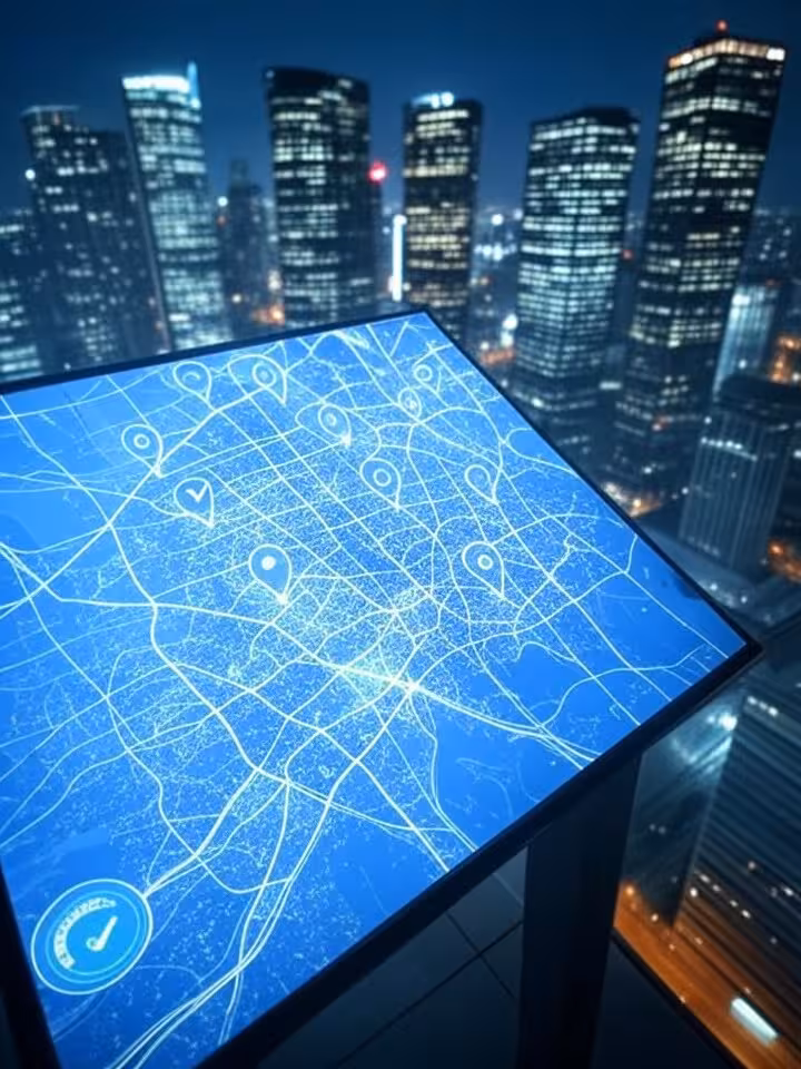 Urban cityscape at night with digital location pins and verification checkmarks overlaid on a map in