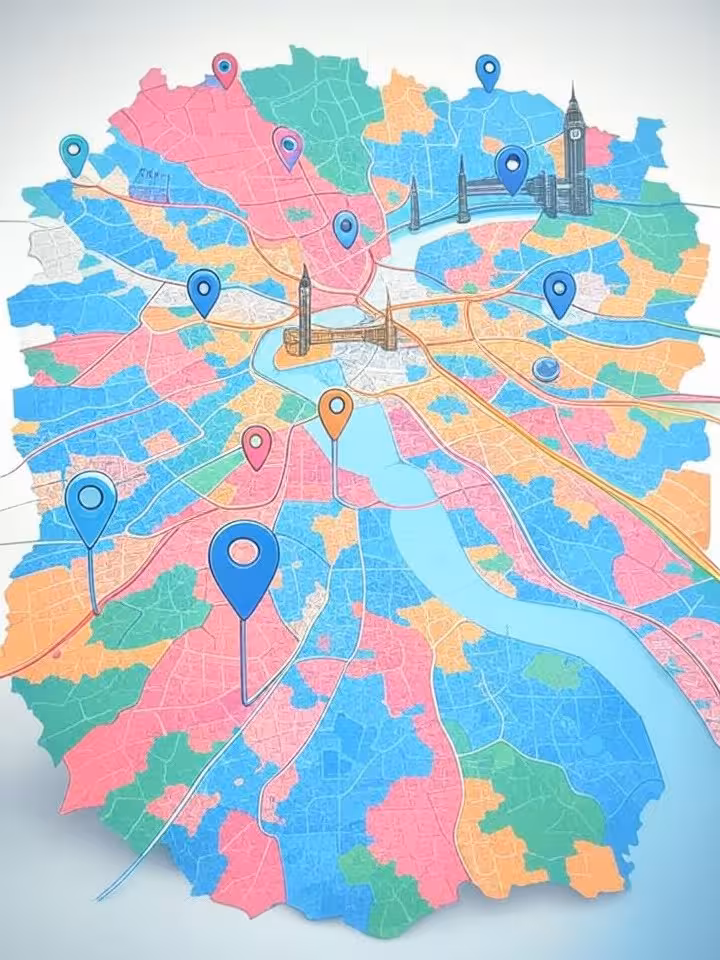 Interactive map of London showing borough boundaries with location pins and connection lines between