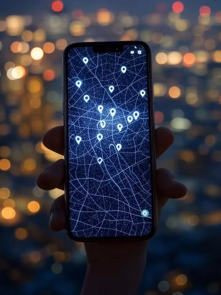 Interactive map of London neighborhoods with glowing location pins, smartphone displaying hyper-loca
