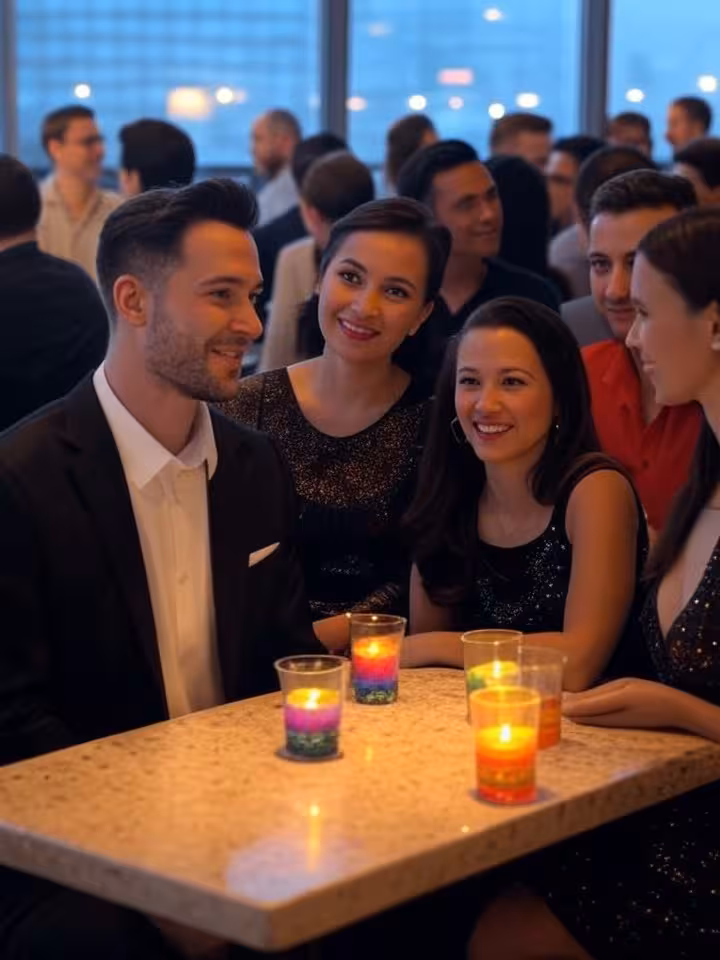 Diverse LGBTQ couples in upscale settings, rainbow pride elements tastefully integrated, safe commun