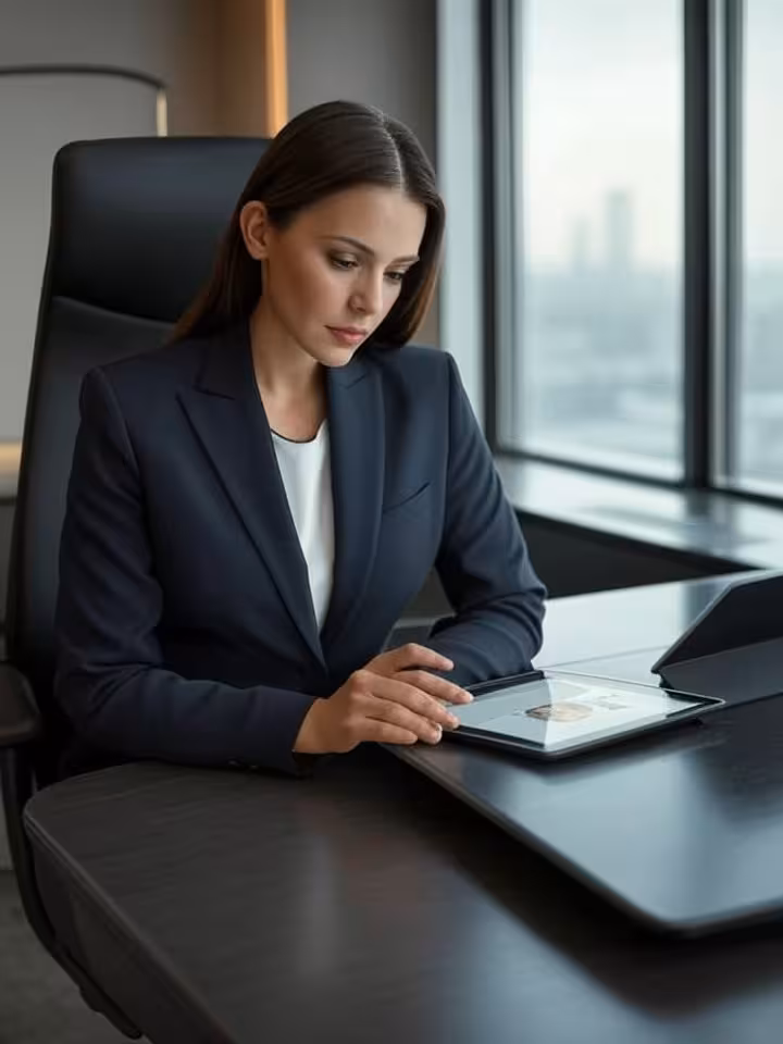 Professional business woman reviewing dating profile on tablet in modern luxury office, natural wind