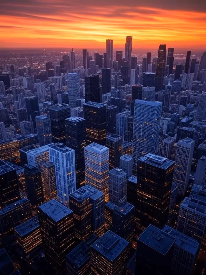Metropolitan city skyline at sunset with luxury high-rise buildings, aerial perspective, golden hour