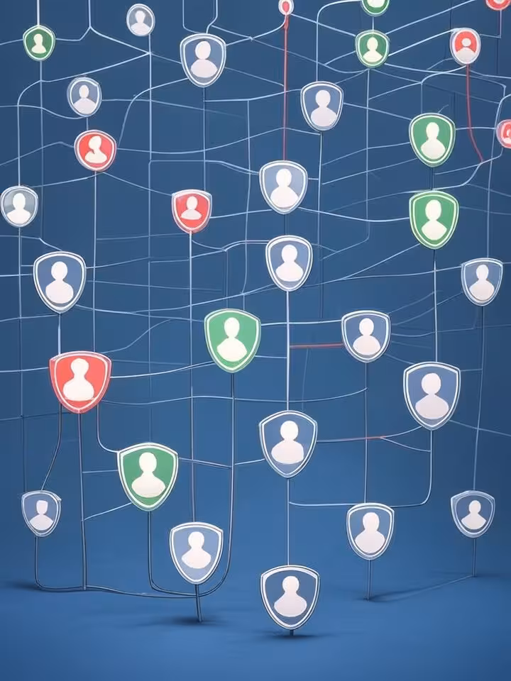 Abstract network diagram showing interconnected user profiles with some highlighted as verified (gre